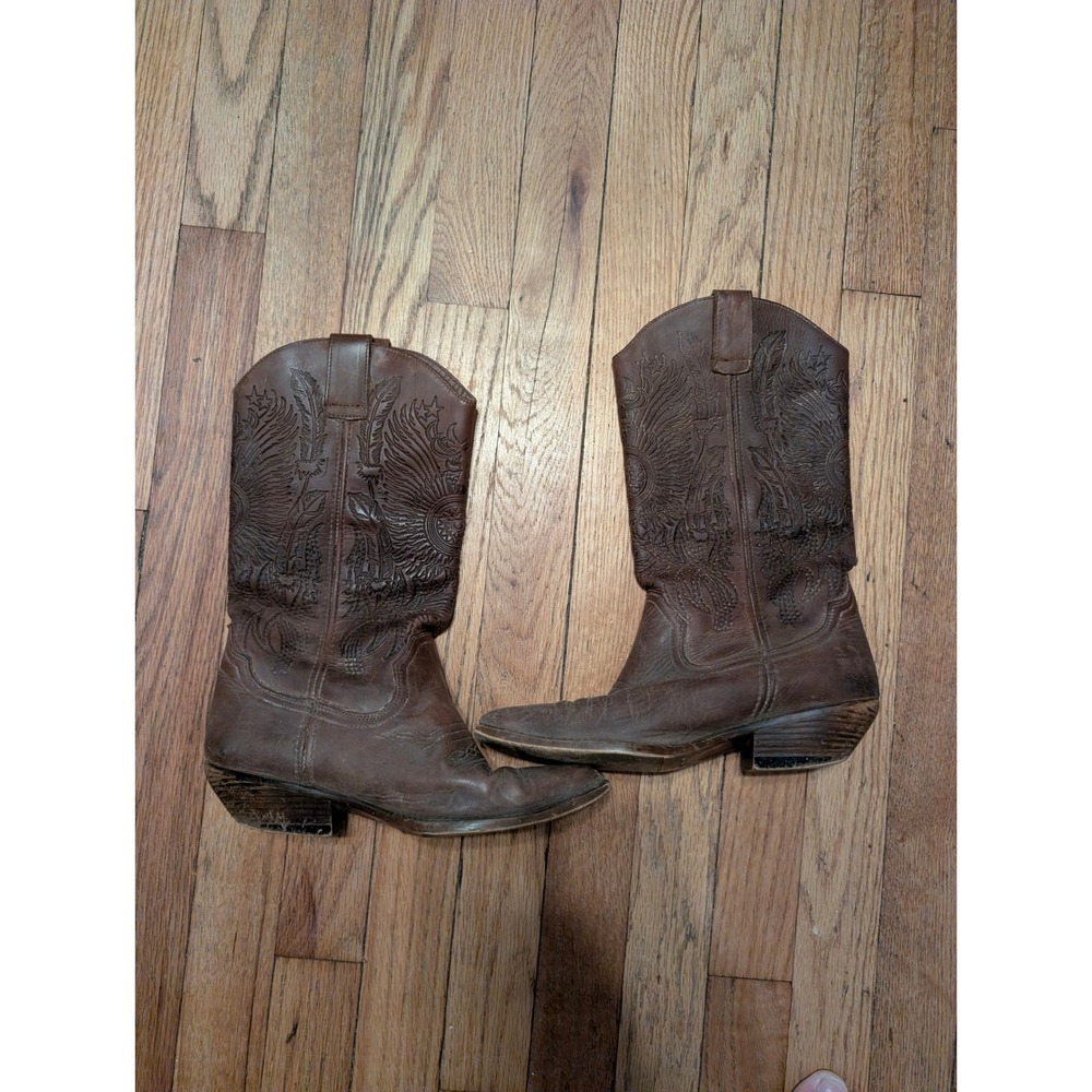 Vintage Brown Leather Embroidered Eagle Cowboy Boots Made in Spain Size 7.5